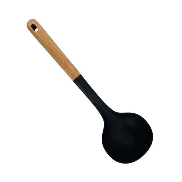Cucharón de nylon negro y mango de madera