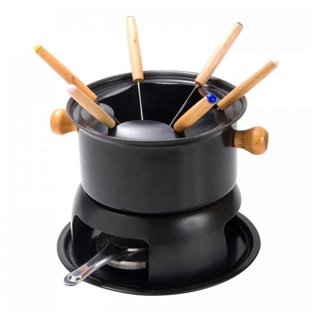 Mäser 931249  10 piezas, antiadherente Fondue con protección contra salpicaduras, y fondue gablen para 6 personas, color negro  Juego de fondue 